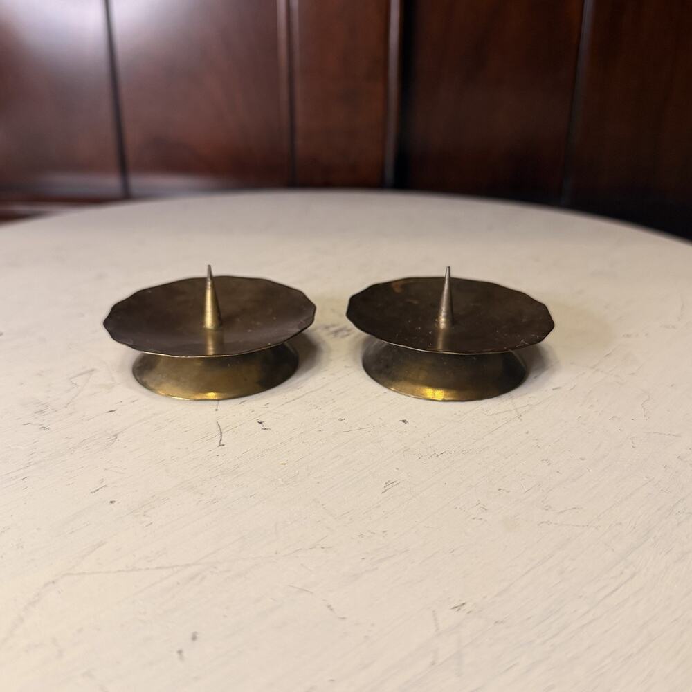 Vintage Mini Brass Spike Atomic Thorn Candleholders 2” Set Of 2